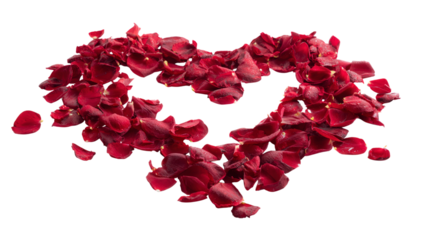 Pile of scattered red rose petals shaped heart expressing tender love romance and passion ideal for valentines cards or wedding design backgrounds