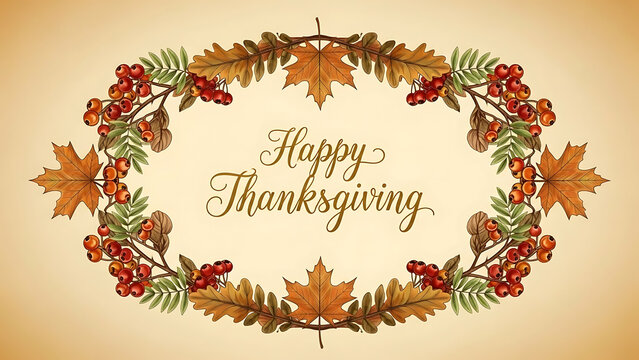 Autumnal wreath with berries and leaves welcomes a happy thanksgiving celebration - Powered by Adobe