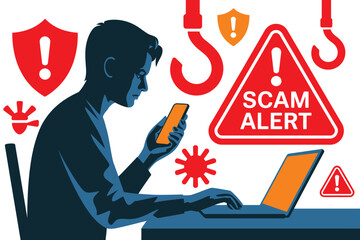 Man on phone faces online danger alerts near laptop and phishing hooks.