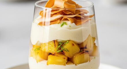 Delicious layered pineapple parfait with coconut cream and toasted flakes in a glass.