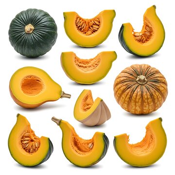 Diverse pumpkin pieces and whole gourds display vibrant orange flesh.