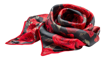 Red and black silk scarf arranged in rose shape isolated on transparent background with beautiful floral print that represents luxury and modern style