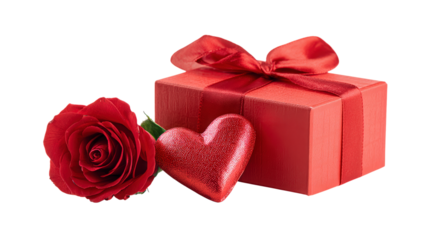 Red gift box tied with ribbon alongside shimmering heart and rose isolated on transparent background symbol of valentines wedding anniversary present