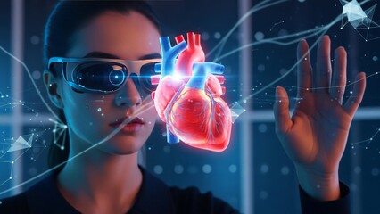Young woman in futuristic glasses examining holographic heart with digital interfaces