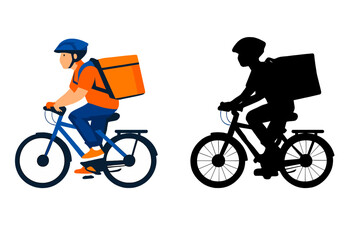 Obraz premium Delivery person on bicycle with glowing backpack and silhouette