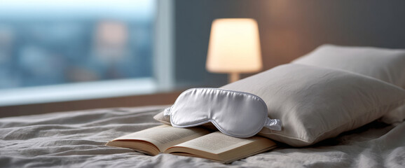 Cozy bedroom scene with open book, white sleep mask, and pillow on bed near softly lit bedside lamp and window