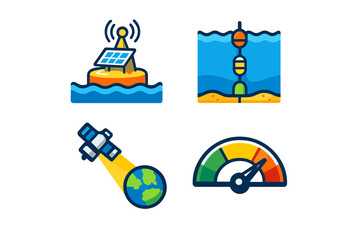 Collection of stylized flat icons representing technology and data