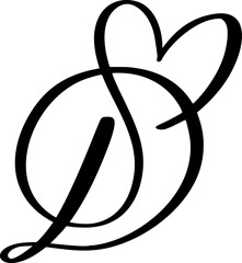 Calligraphic valentine D letter forming a heart shape love, vector black and white initial monogram for wedding or anniversary