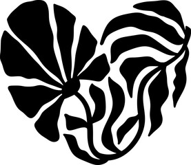 Floral vector heart shape forming Valentine from black flower petals and organic leaves, symbolizing love and natural beauty