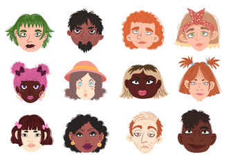 A collection of diverse faces with different hair styles and expressions arranged in a grid. Each face shows a unique look and character. The design features bright colors and simple art