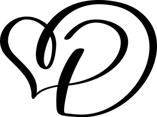 valentine calligraphy letter D forming a heart shape love, vector black and white initial monogram for wedding or anniversary
