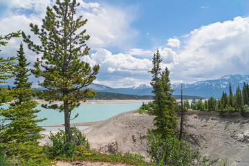 The turquoise water of Abraham Lake, Alberta, Canada.