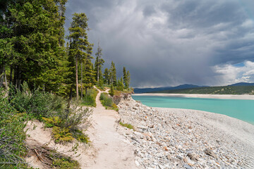 The turquoise water of Abraham Lake, Alberta, Canada.