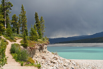 The turquoise water of Abraham Lake, Alberta, Canada.