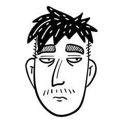 doodle style man with messy hair is looking down. He is sad or tired
