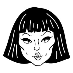 Woman with short hair and a black face. She has a lip gloss on her lips. The image is black and white