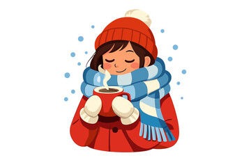 Cozy girl enjoying hot chocolate in winter