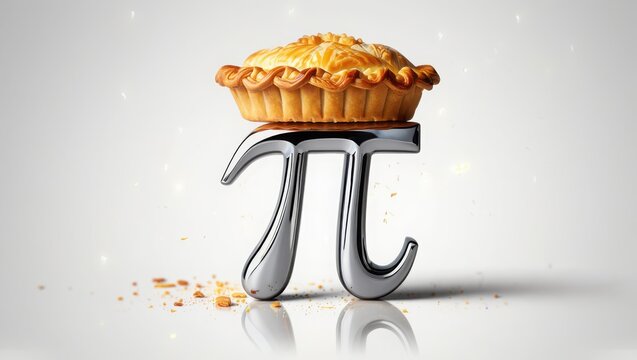 Delicious pie on pi symbol stand with crumbs on white background