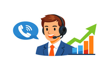 Customer service representative with headset and growth chart