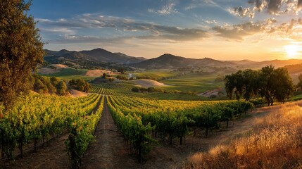Naklejka premium Vineyard rows meet hills at sunset. Warm golden light filters through clouds