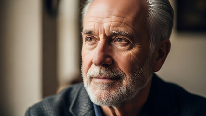 Fototapeta premium Close-up portrait of an elderly man with gray hair and a beard, looking thoughtfully to the side.