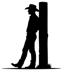 Cowboy Silhouette Wearing Western Hat Leaning on Rustic Wooden Post, Transparent Background