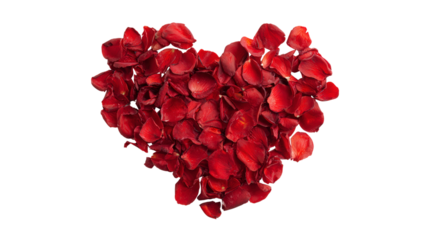 Red rose petals in heart shape scattered on transparent valentine backdrop, sign of romantic love and marriage, mothers day celebration or wedding card