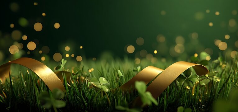 A vibrant green field with golden ribbons and bokeh lights