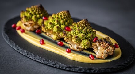Gourmet roasted Romanesco broccoli with creamy puree and pomegranate seeds on a slate platter.