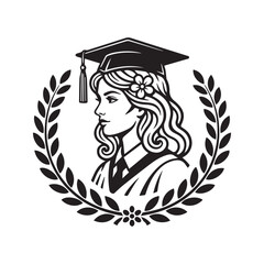 Female graduate silhouette portrait with floral laurel wreath. Vector black and white illustration of university student in mortarboard cap and gown. Education logo design or academic achievement symb