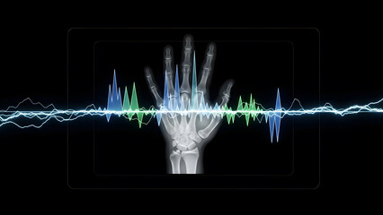 Futuristic Digital X-ray of Human Hand with Electronic Pulse Waves on Black Background
