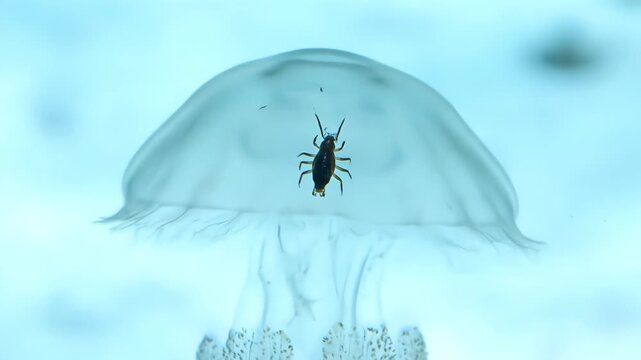 A parasitic Hyperiid amphipod crustacean seen from below, hitching a ride inside the bell of a translucent jellyfish in a unique symbiotic relationship