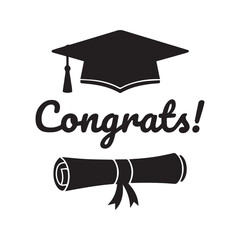 Congrats graduation cap and diploma silhouette. Vector illustration of mortarboard hat with tassel and certificate scroll. Academic achievement symbol with typography text for celebration design.
