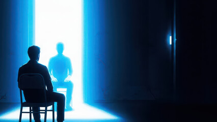 Obraz premium Man in silhouette facing a brightly lit, glowing doorway where another person sits, a mysterious encounter