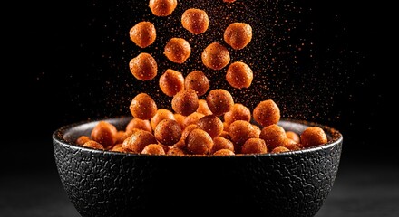 Crispy Chickpeas Falling into a Black Bowl on Dark Background.