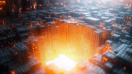 Digital city landscape showing a complex grid structure with glowing orange data flow and light particles, representing advanced technology, network infrastructure, and electronic communication - Powered by Adobe
