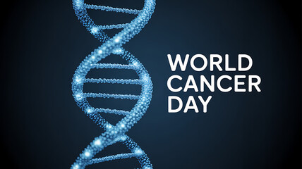 World cancer day illuminated dna helix symbolizing genetic research and medical breakthrough against disease on dark blue background with glowing particles