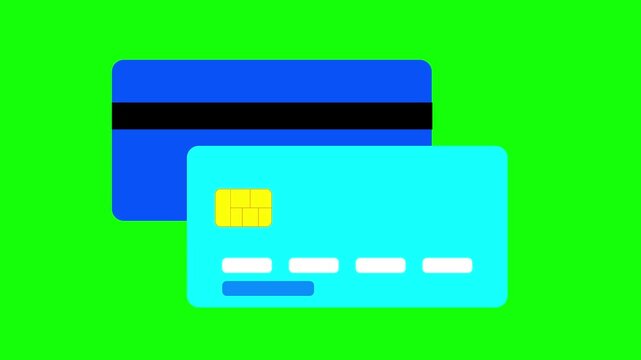 Animated credit card icon wobbling isolated on green screen.
