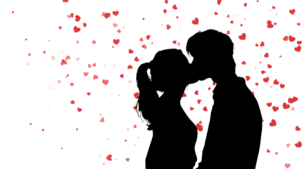 Silhouette of couple kissing surrounded by floating hearts during valentine's day representing love passion and romance on transparent backdrop
