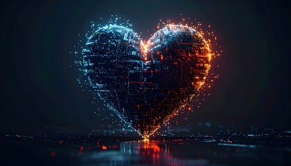 abstract digital heart made of glowing pixels and circuit lines on dark background technology love concept