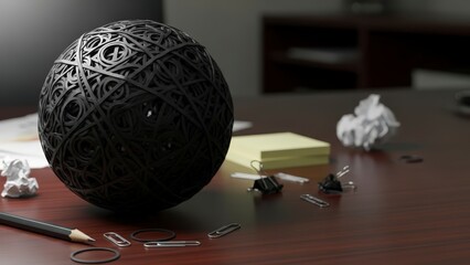 Intricate Black Sphere on a Desk with Office Supplies.