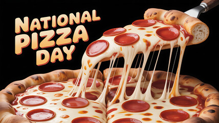 Extreme close up of a pepperoni pizza slice being lifted with a cheese pull on national pizza day with text overlay with delicious and food and celebration