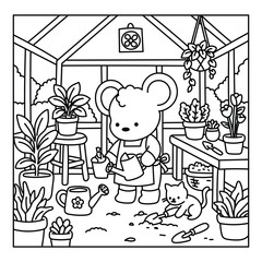Obraz premium Cute Bear Watering Plants in Greenhouse with Kitten Coloring Page Illustration