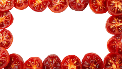 A vibrant frame of halved cherry tomatoes on a sleek black background, perfect for food and culinary concepts