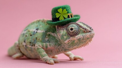 A veiled chameleon wearing a green hat with a shamrock on it