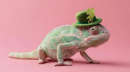 A vibrant green chameleon wearing a tiny festive st patrick s day hat