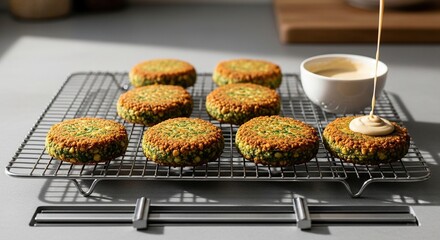 Freshly Baked Green Pea and Herb Patties with Tahini Sauce.