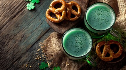 St patrick s day themed drinks with pretzels and clover on wood background