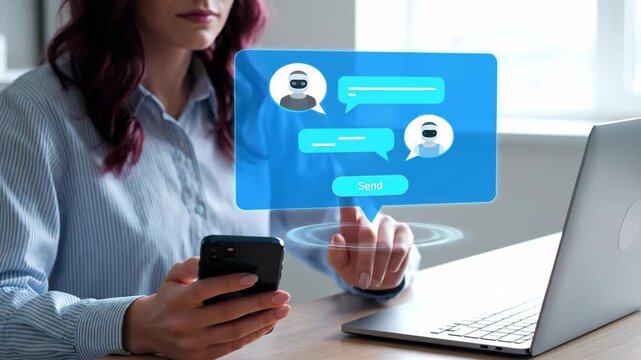 Woman interacting with a chatbot interface on her smartphone, laptop on desk