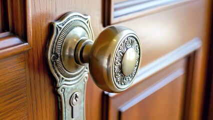 Elegant Ornate Brass Doorknob Close up on Vintage Wooden Door With Antique Hardware and Keyhole.jpg